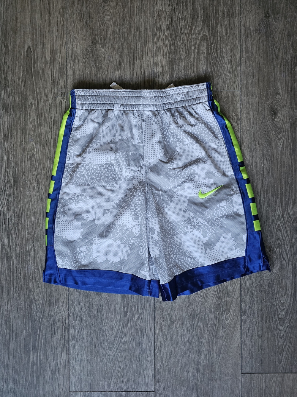 Nike Elite Gray Digital Camo Shorts with Blue Panels & Volt Swoosh NWOT